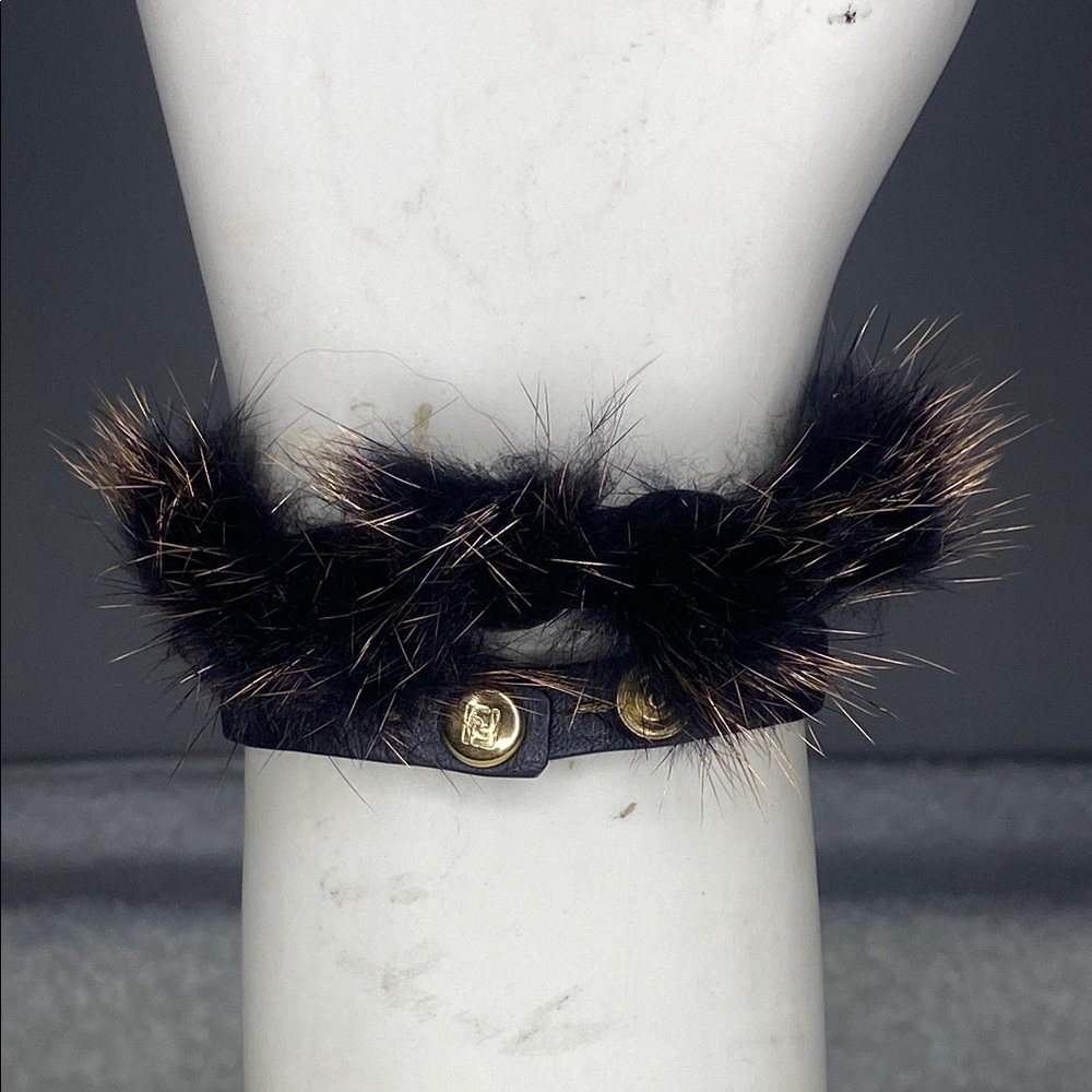 Fendi Selleria Double Wrap Brown Leather Bracelet with Fur Accents (13.5in)